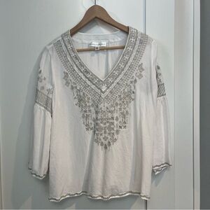 Chelsea & Theodore White Blouse with Gray Embroidery
